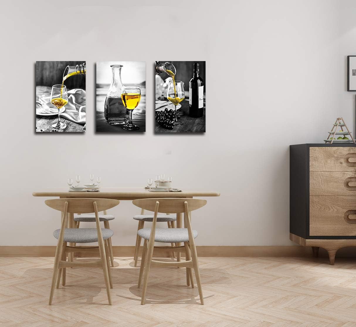 Wine Wall Art ā Black & White Canvas with Yellow Wine Accents for Kitchen & Dining Room Decor.
