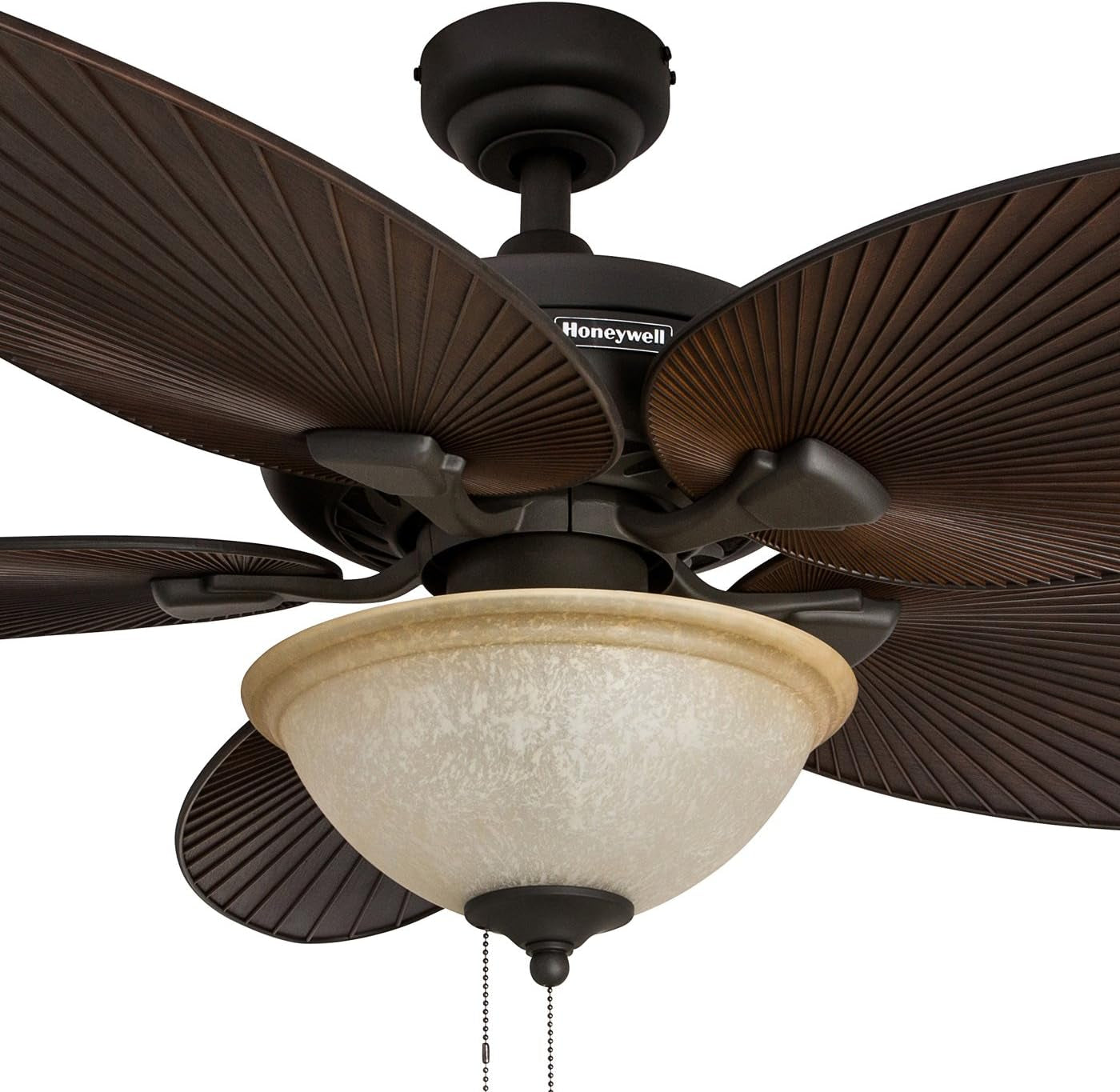 52" Tropical Ceiling Fan with Light – 5 Palm Leaf Blades, Indoor/Outdoor, Pull Chain, Bronze.