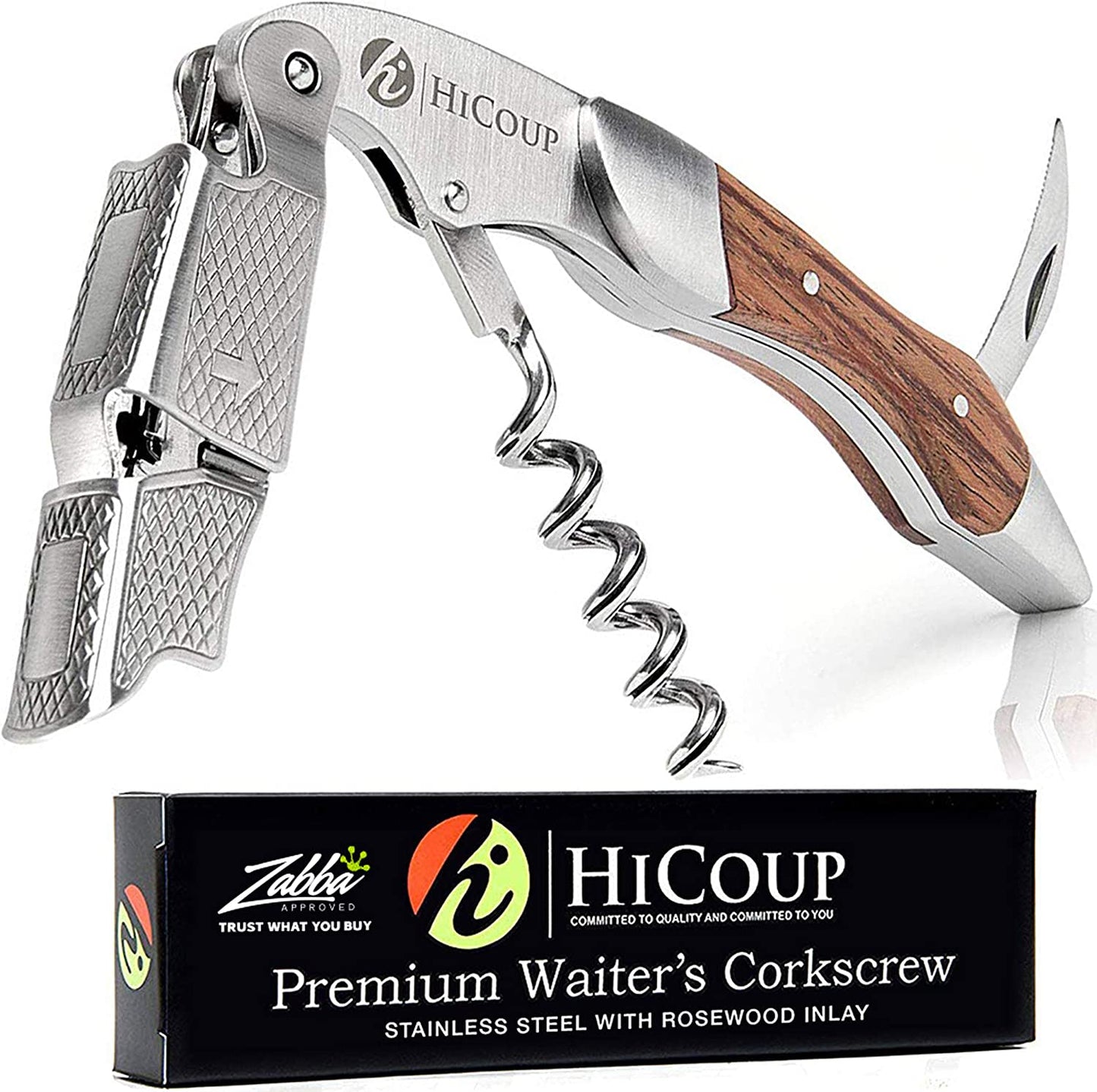 HiCoup Professional Wine Opener – Stainless Steel Corkscrew with Foil Cutter & Bottle Opener, Rosewood Handle.
