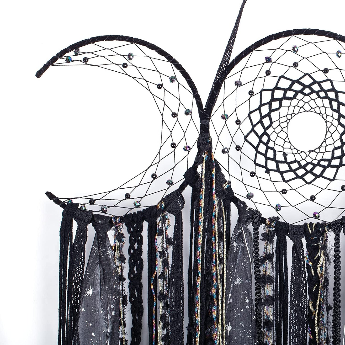 Triple Moon Goddess Macrame Wall Hanging – Wiccan Dreamcatcher Decor, Black.