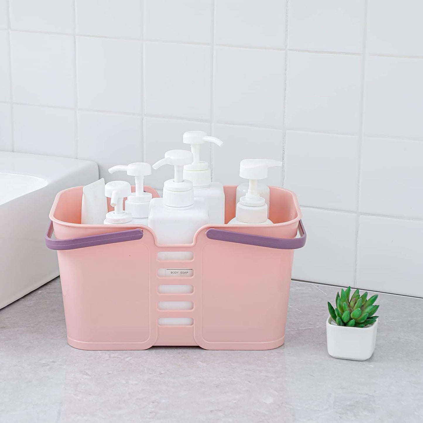 Plastic Storage Baskets with Handles, Storage Bin Shower Caddy Organizer for Bathroom and Kitchen, Pink