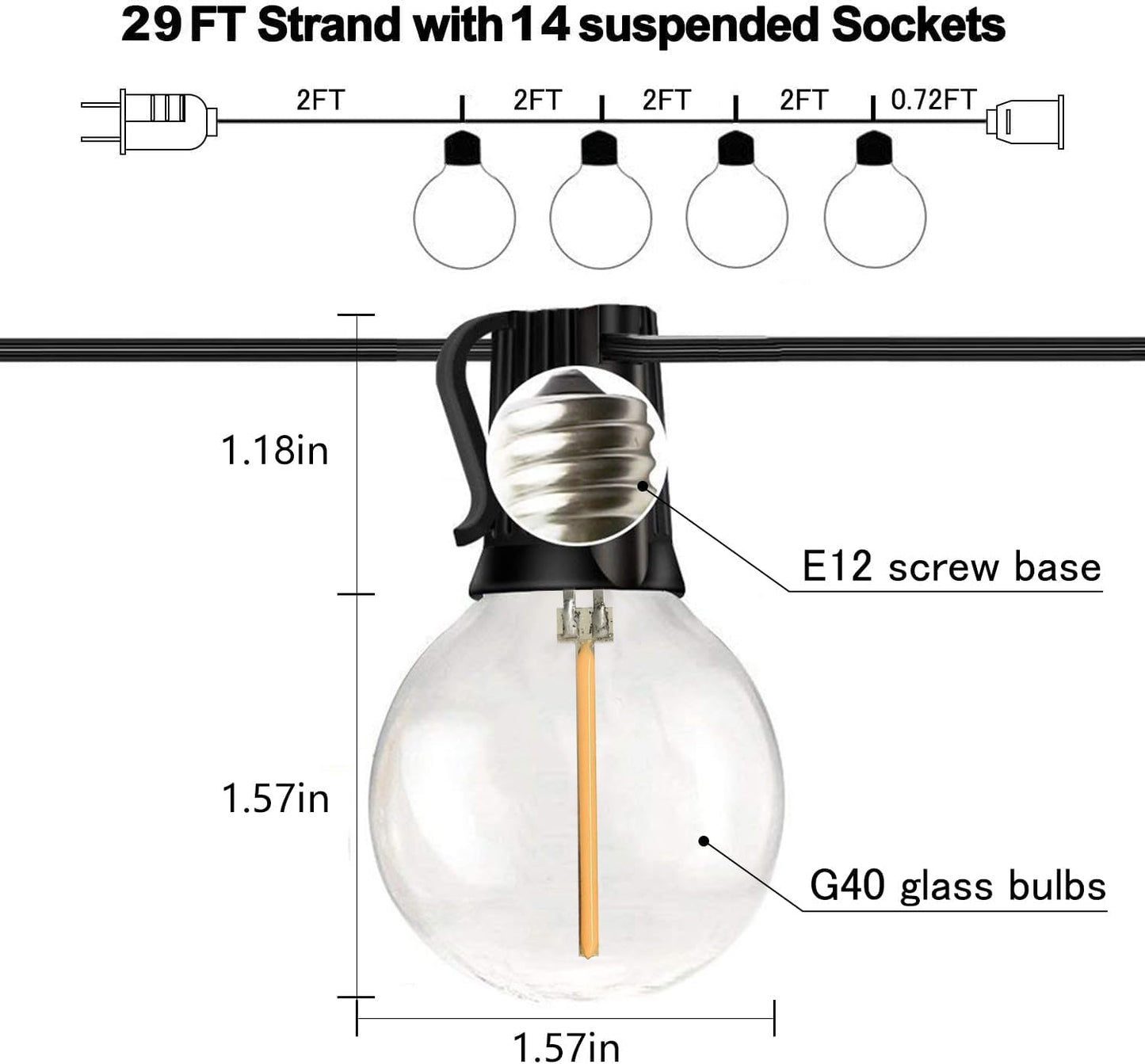 29FT Outdoor Globe String Lights – Waterproof, Shatterproof, 15 Dimmable Bulbs with E12 Base for Patio & Backyard