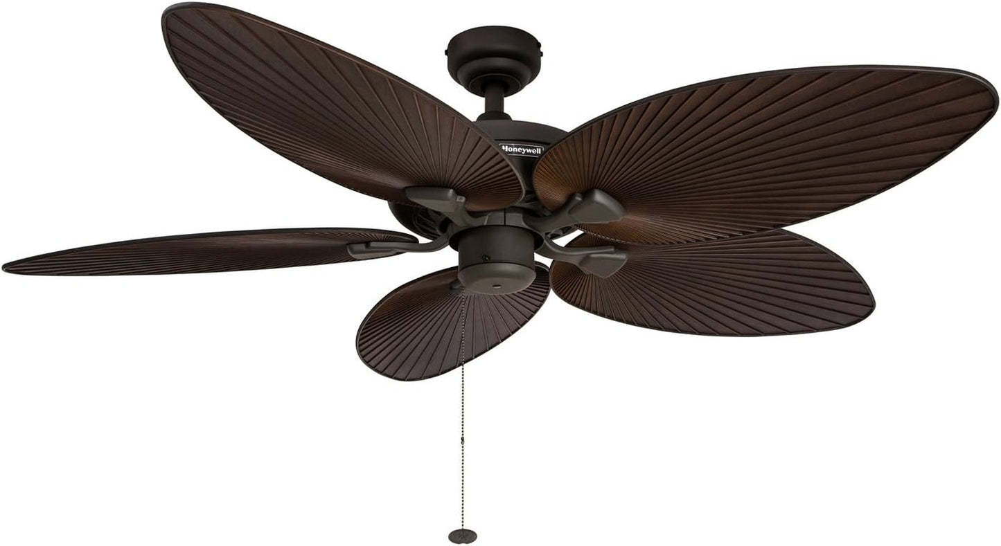 52" Tropical Ceiling Fan with Light – 5 Palm Leaf Blades, Indoor/Outdoor, Pull Chain, Bronze.