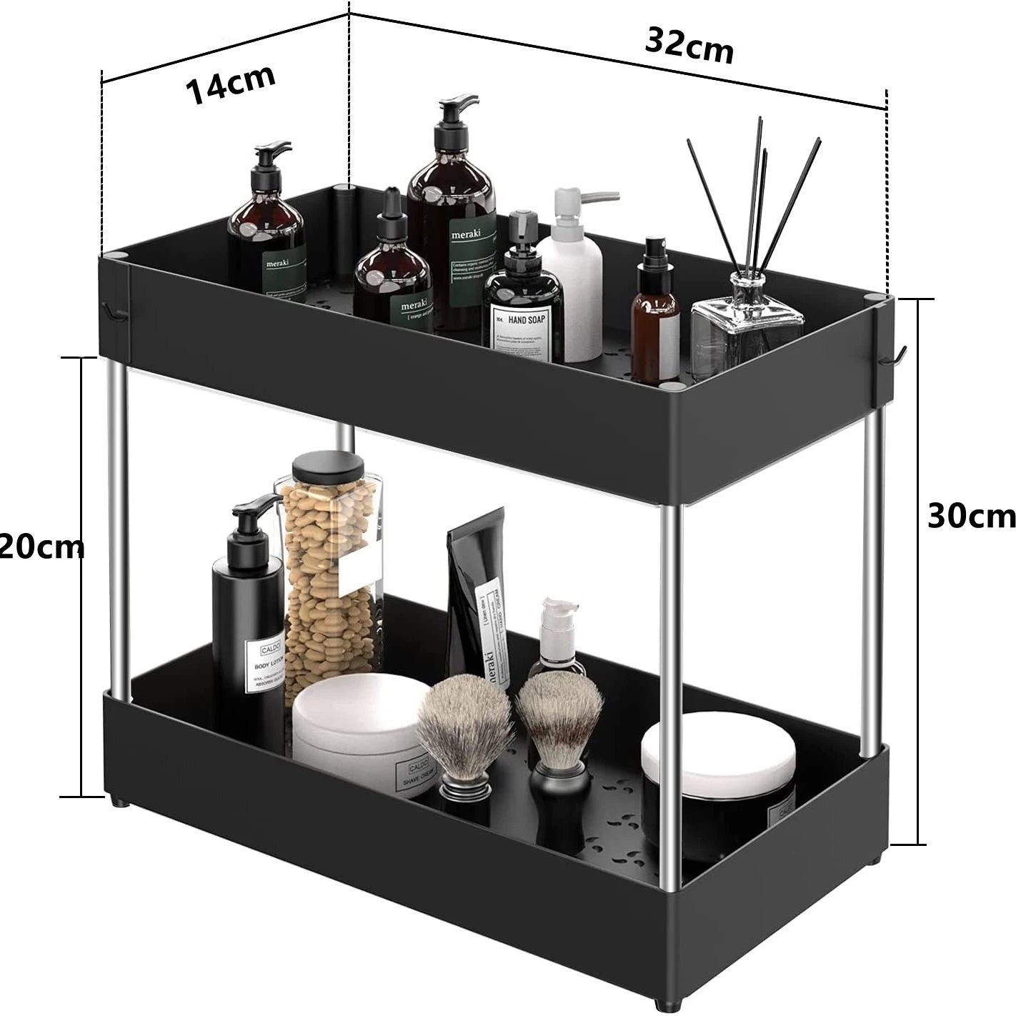 2-Tier Under Sink Organizer – Sliding Cabinet Storage Rack with Hooks & Hanging Cup for Bathroom or Kitchen