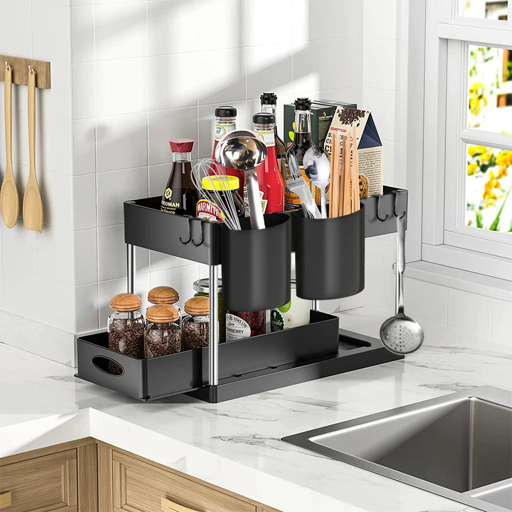 2-Tier Under Sink Organizer – Sliding Cabinet Storage Rack with Hooks & Hanging Cup for Bathroom or Kitchen