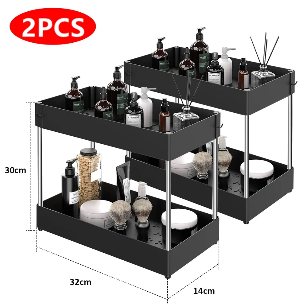 2-Tier Under Sink Organizer – Sliding Cabinet Storage Rack with Hooks & Hanging Cup for Bathroom or Kitchen