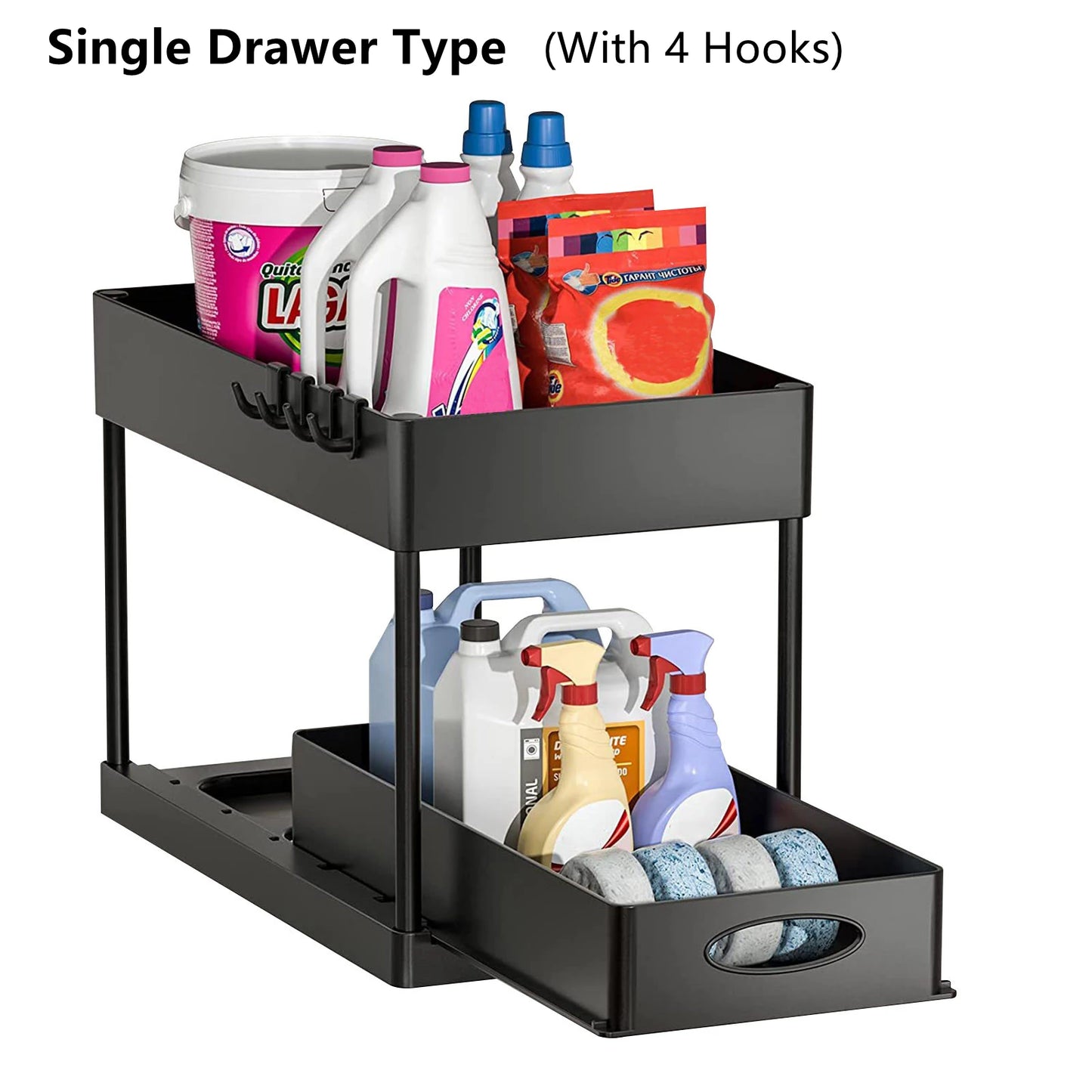 2-Tier Under Sink Organizer – Sliding Cabinet Storage Rack with Hooks & Hanging Cup for Bathroom or Kitchen