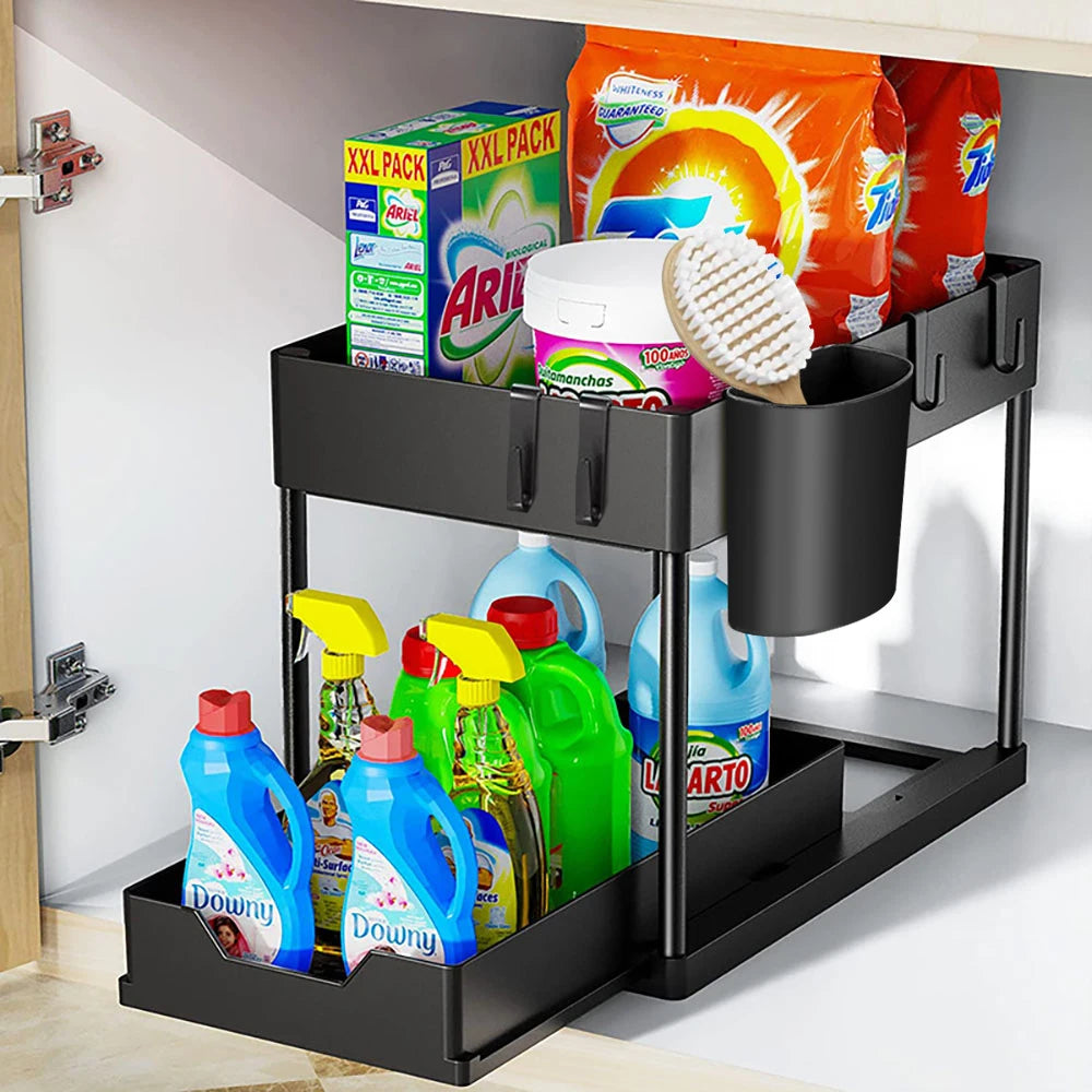2-Tier Under Sink Organizer – Sliding Cabinet Storage Rack with Hooks & Hanging Cup for Bathroom or Kitchen