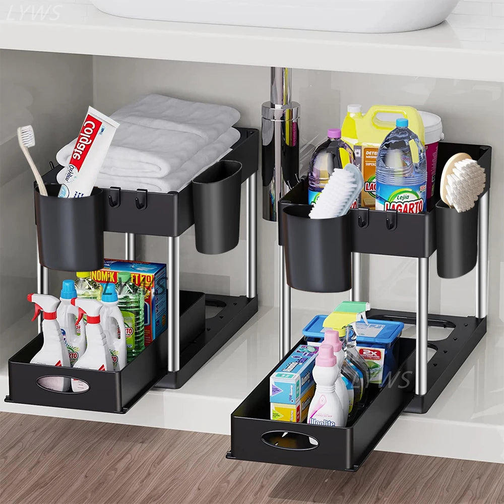 2-Tier Under Sink Organizer – Sliding Cabinet Storage Rack with Hooks & Hanging Cup for Bathroom or Kitchen
