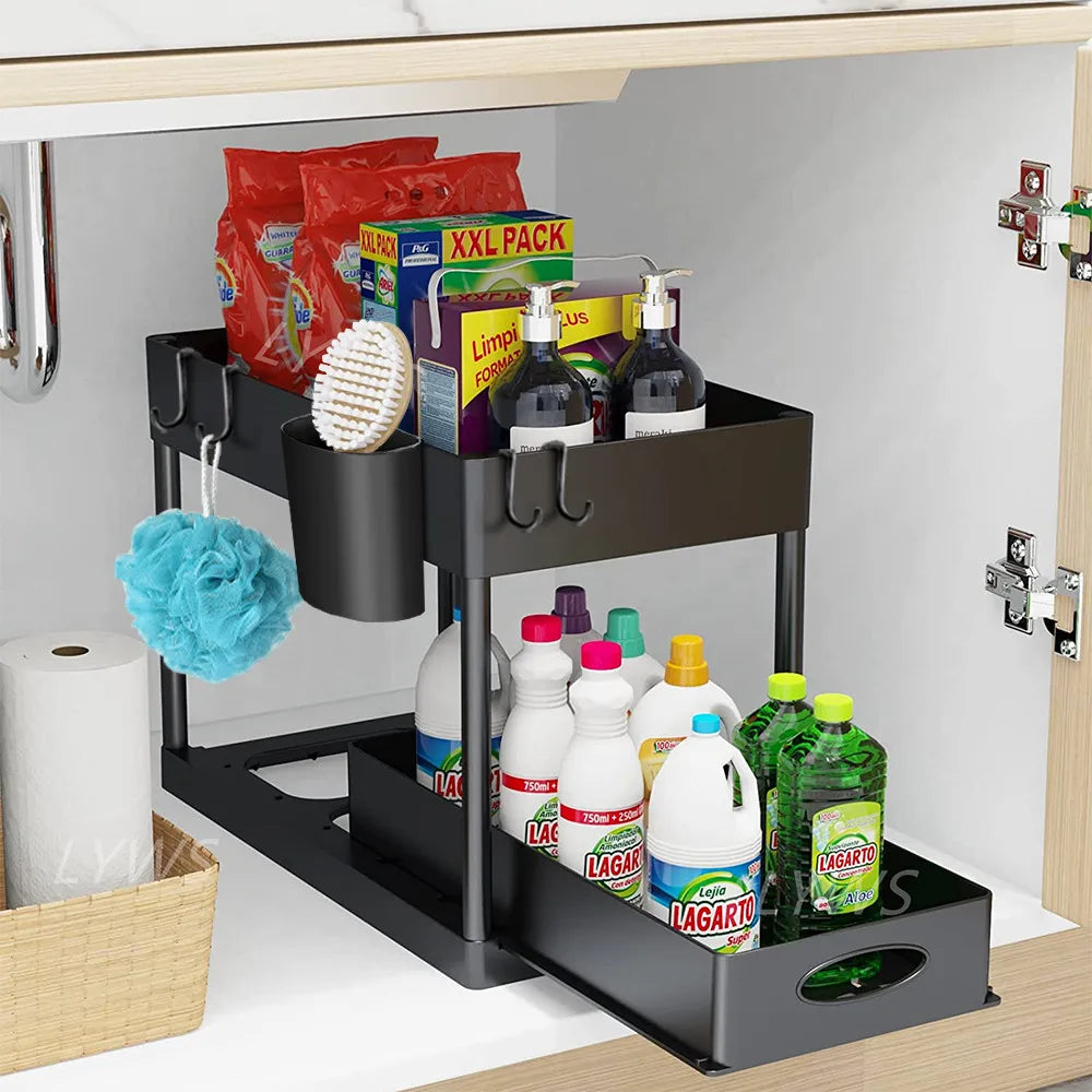 2-Tier Under Sink Organizer – Sliding Cabinet Storage Rack with Hooks & Hanging Cup for Bathroom or Kitchen