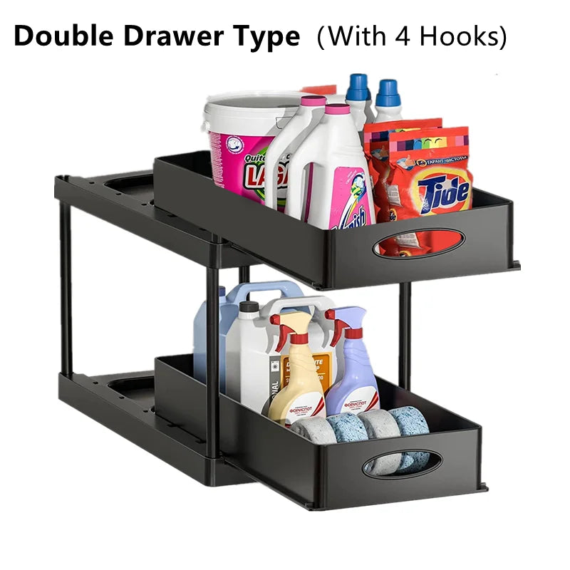 2-Tier Under Sink Organizer – Sliding Cabinet Storage Rack with Hooks & Hanging Cup for Bathroom or Kitchen