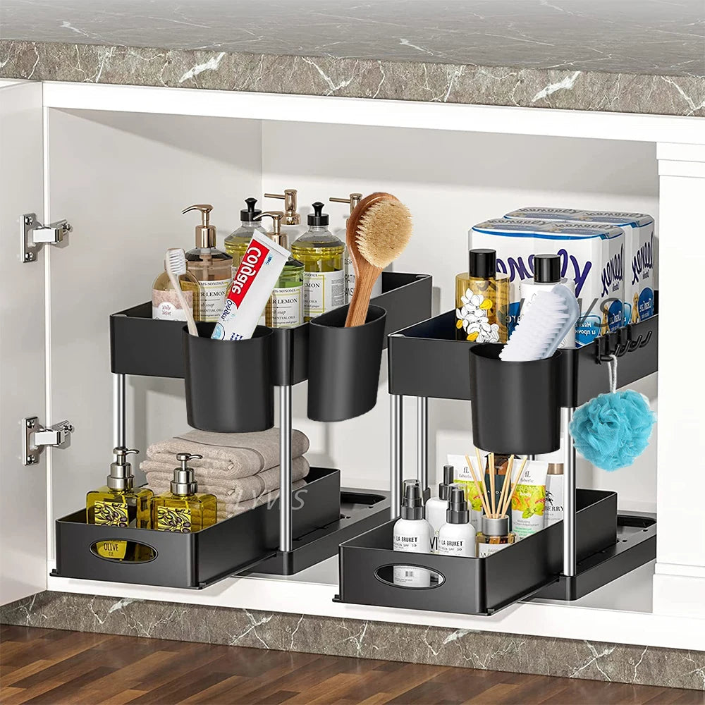 2-Tier Under Sink Organizer – Sliding Cabinet Storage Rack with Hooks & Hanging Cup for Bathroom or Kitchen