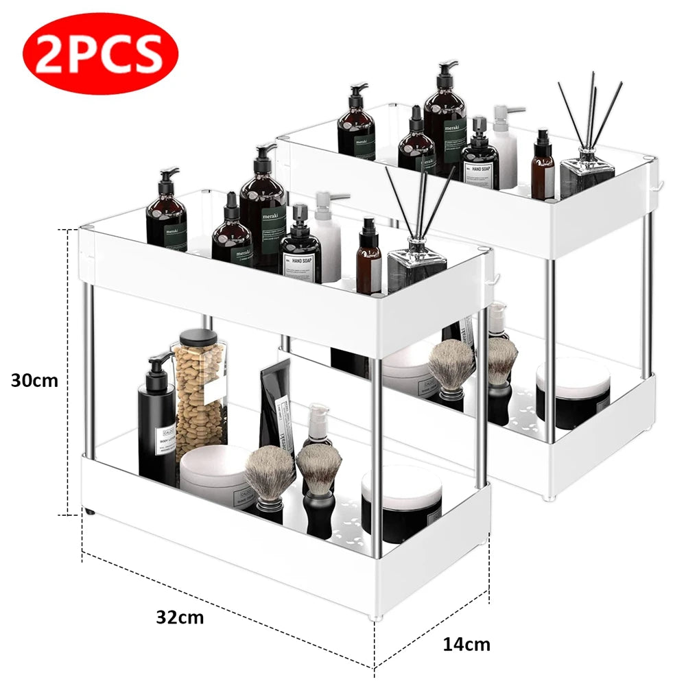 2-Tier Under Sink Organizer – Sliding Cabinet Storage Rack with Hooks & Hanging Cup for Bathroom or Kitchen