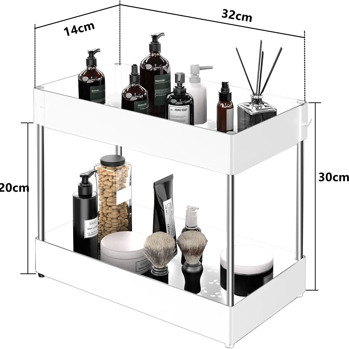 2-Tier Under Sink Organizer – Sliding Cabinet Storage Rack with Hooks & Hanging Cup for Bathroom or Kitchen