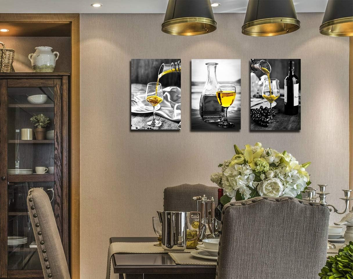 Wine Wall Art ā Black & White Canvas with Yellow Wine Accents for Kitchen & Dining Room Decor.