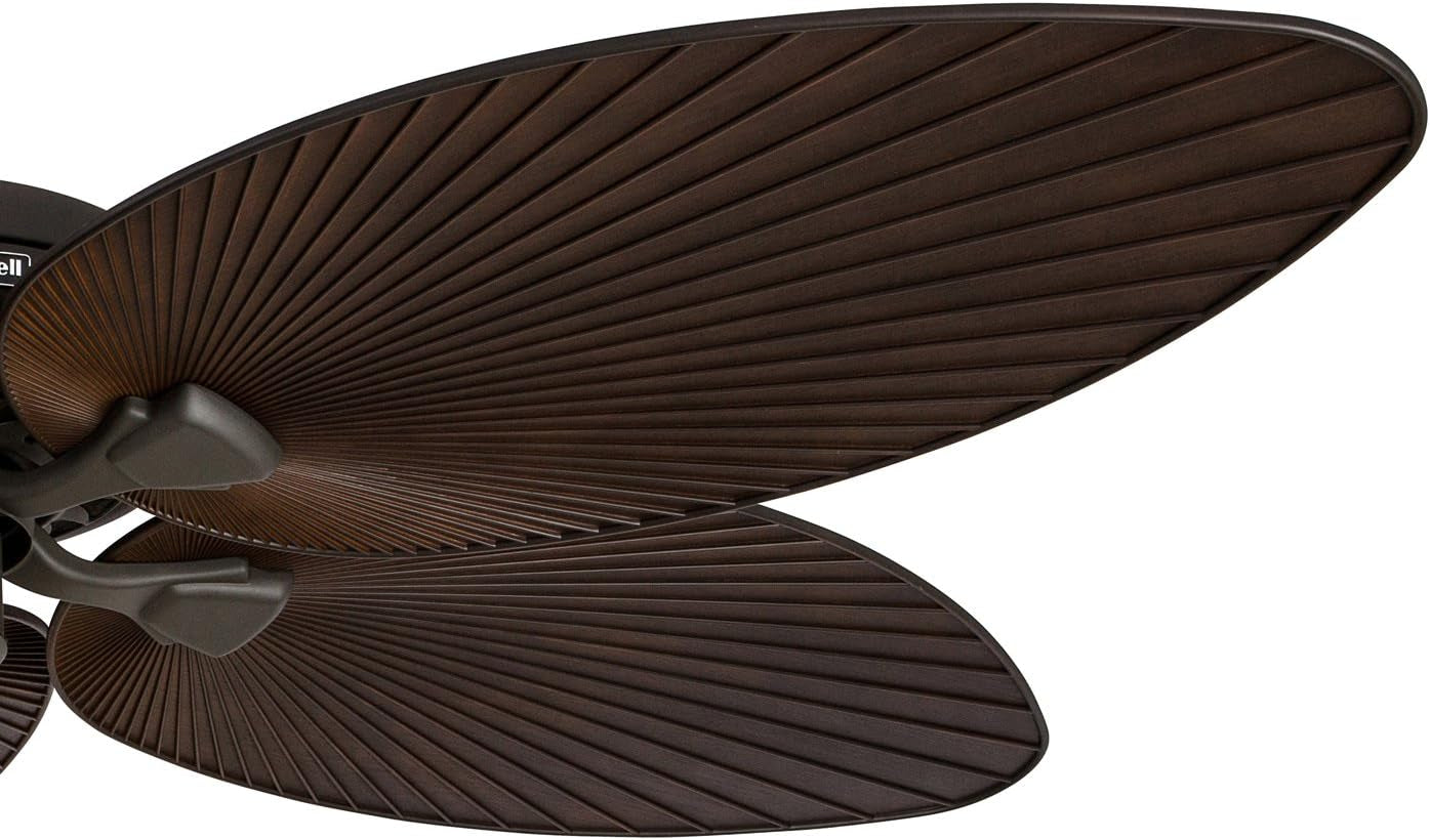 52" Tropical Ceiling Fan with Light – 5 Palm Leaf Blades, Indoor/Outdoor, Pull Chain, Bronze.