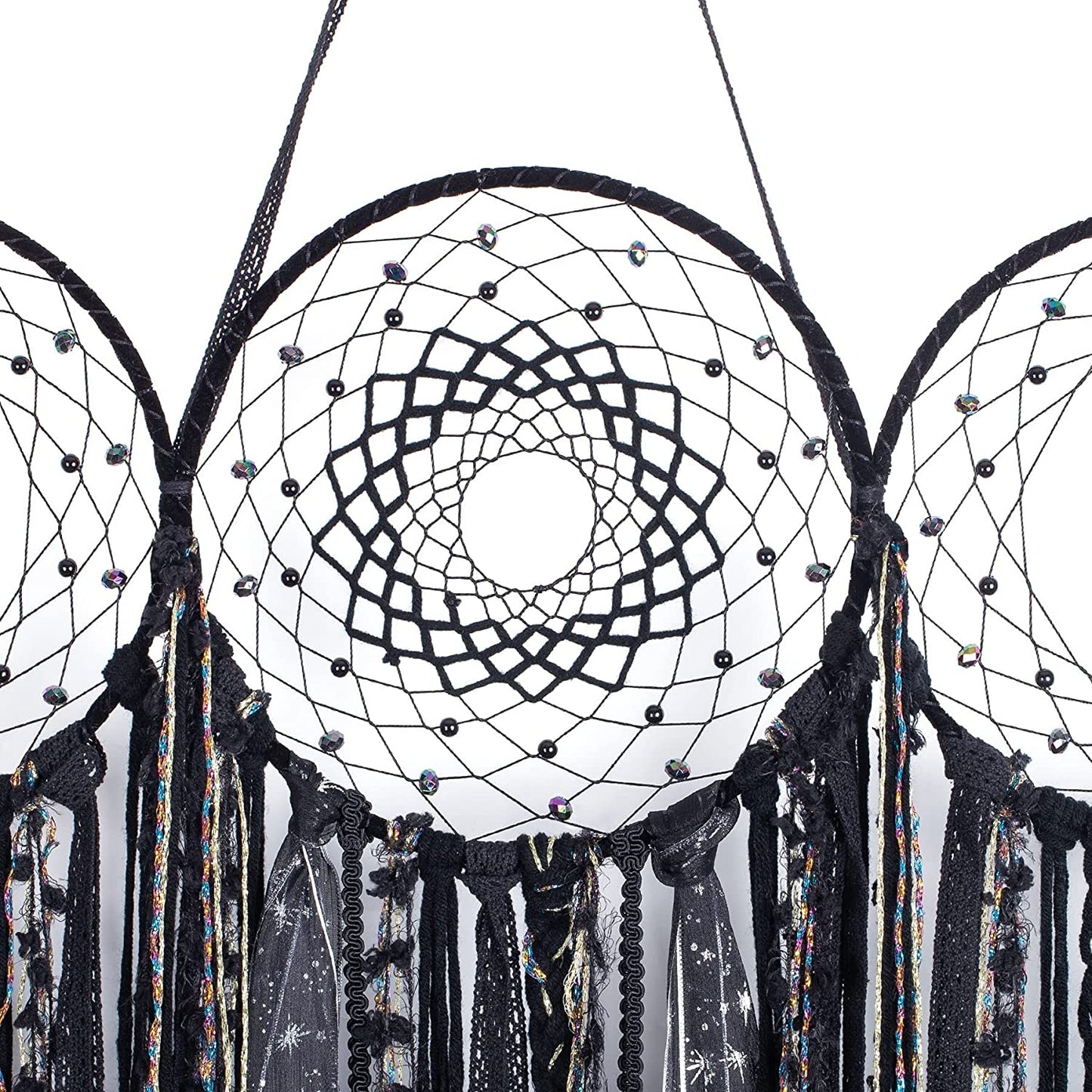 Triple Moon Goddess Macrame Wall Hanging – Wiccan Dreamcatcher Decor, Black.