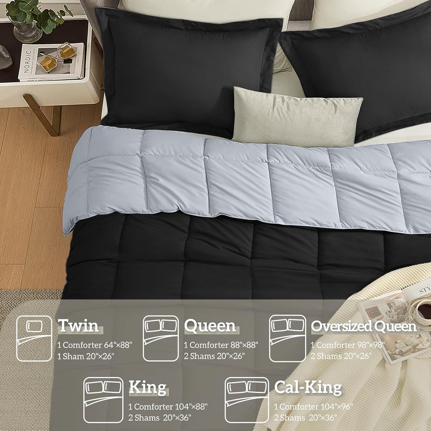 King Size Reversible Comforter Set – 3-Piece Black & Light Grey All-Season Bedding with 2 Shams