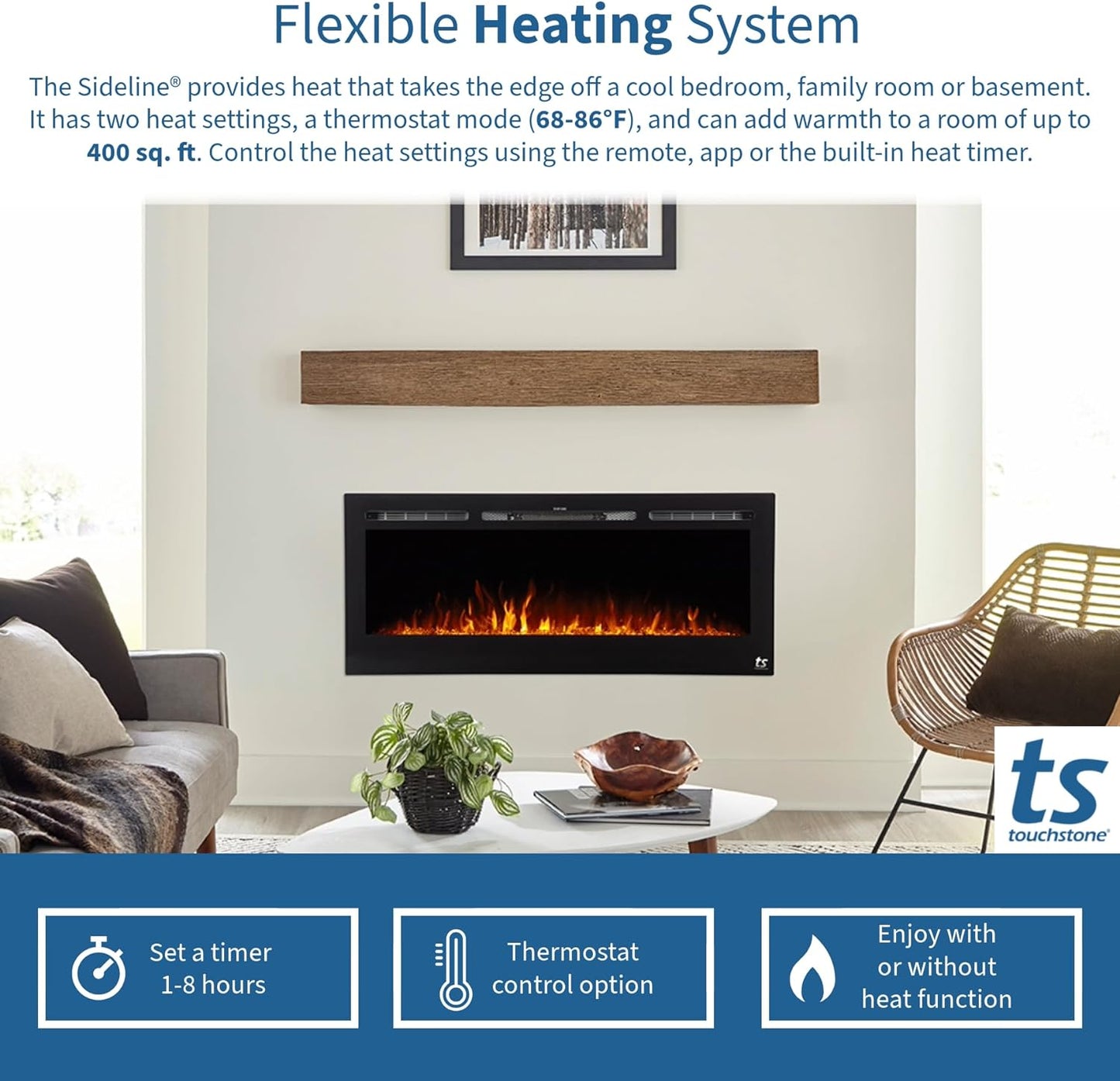 Forte 40" Smart Electric Fireplace – Wi-Fi, Alexa, 1500W Heater, Recessed Design