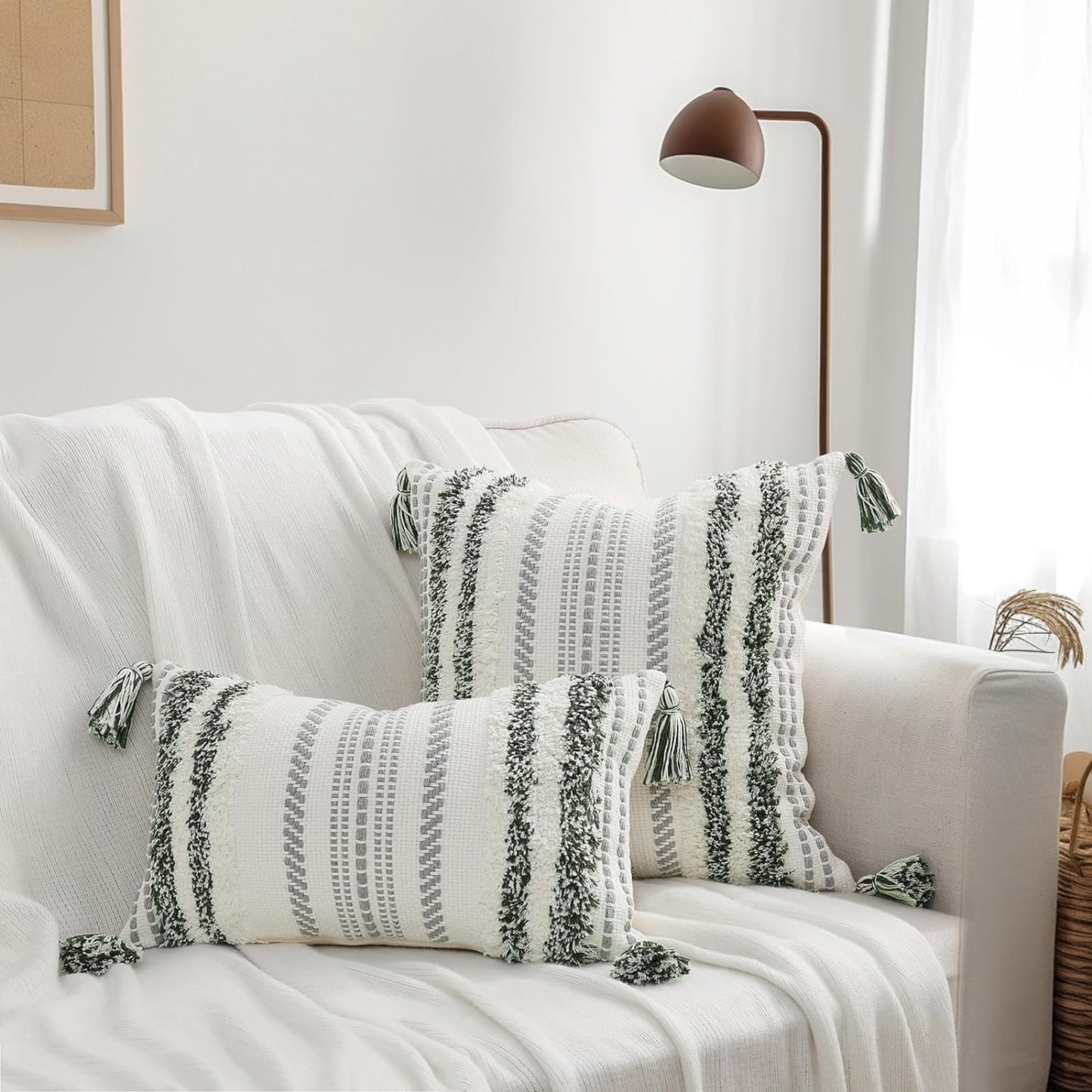 Boho Lumbar Pillow Cover 12x20 – Textured Tufted Striped Accent in Green & Cream, Decorative Cushion for Sofa, Bed, or Couch (1-Pack)