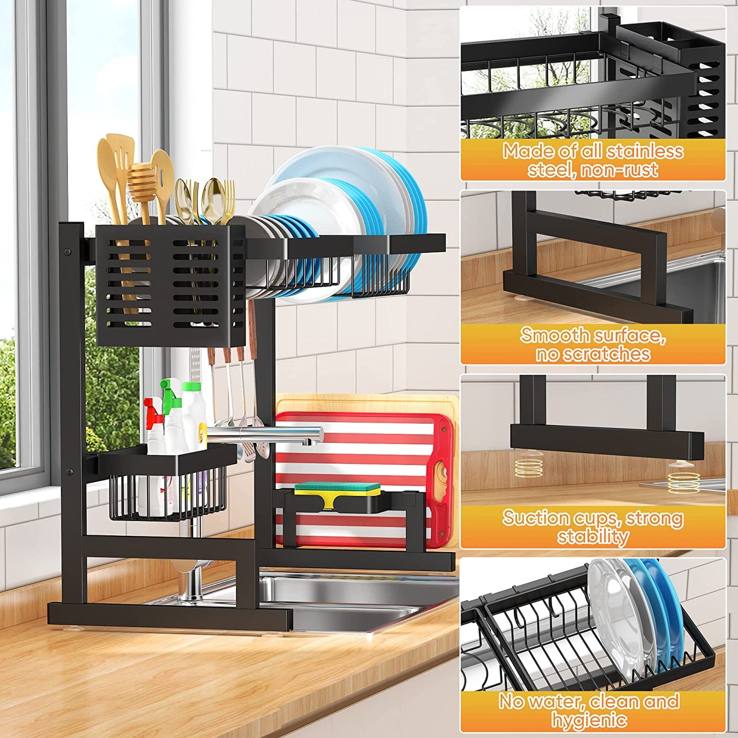 Adjustable Over-Sink Dish Drying Rack – 2-Tier Stainless Steel Kitchen Organizer (26"–38", Black)