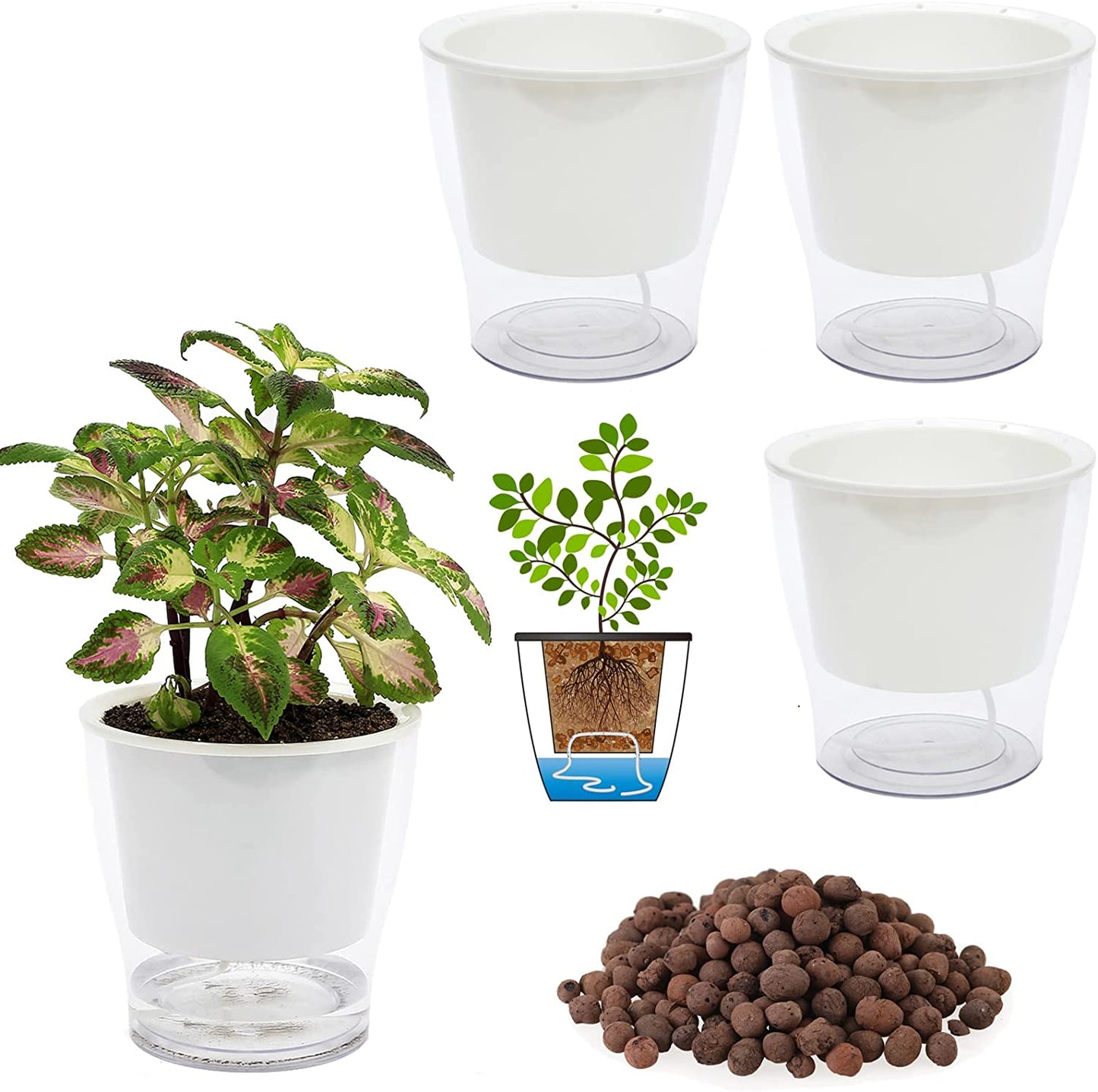 3-Pack 7" Clear Self-Watering Planters – Wicking Pots for Indoor Plants, Herbs & African Violets (Clear/White)