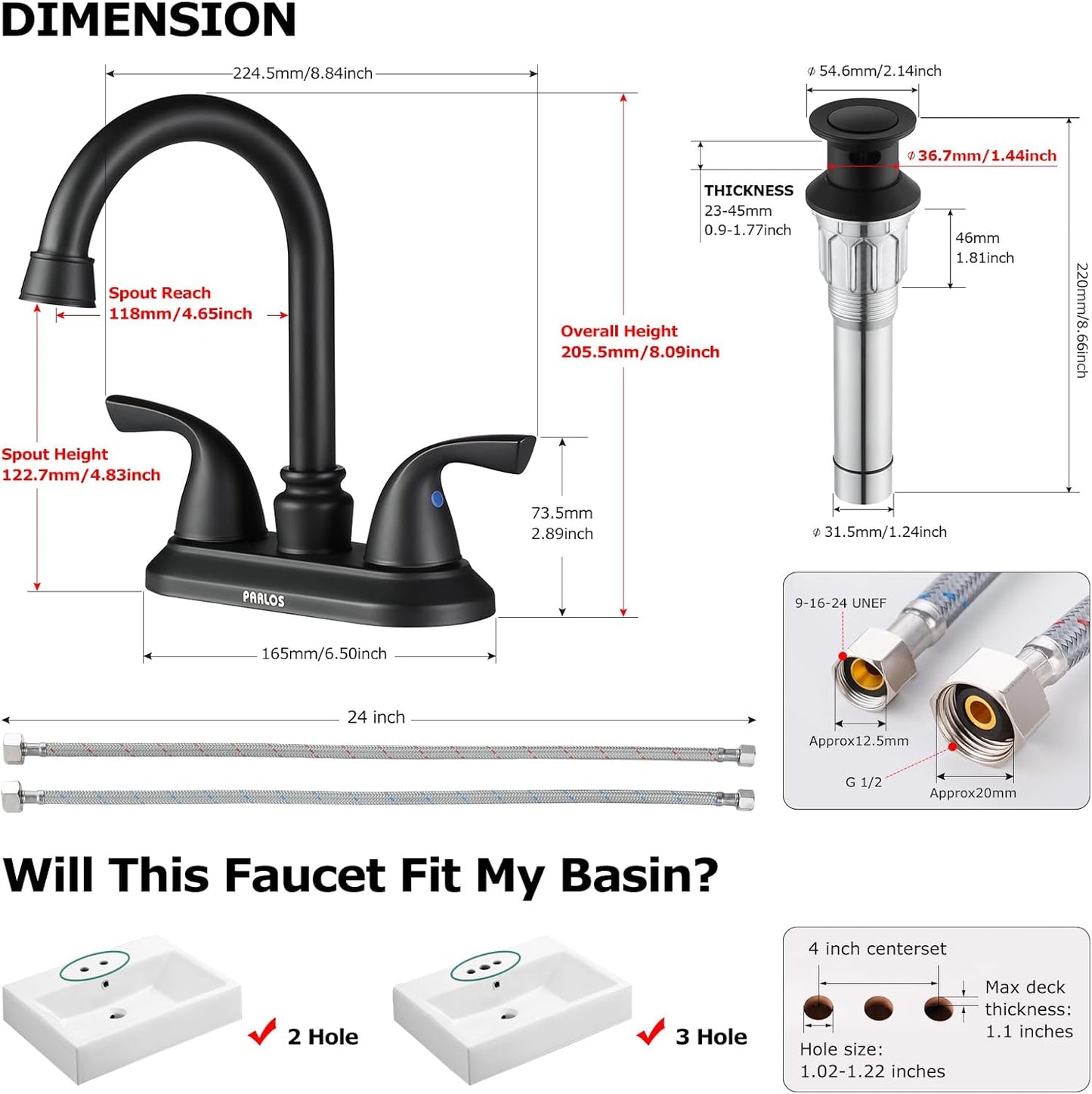 2-Handle Bathroom Faucet – Matte Black, w/ Drain & Supply Lines, NSF cUPC Certified