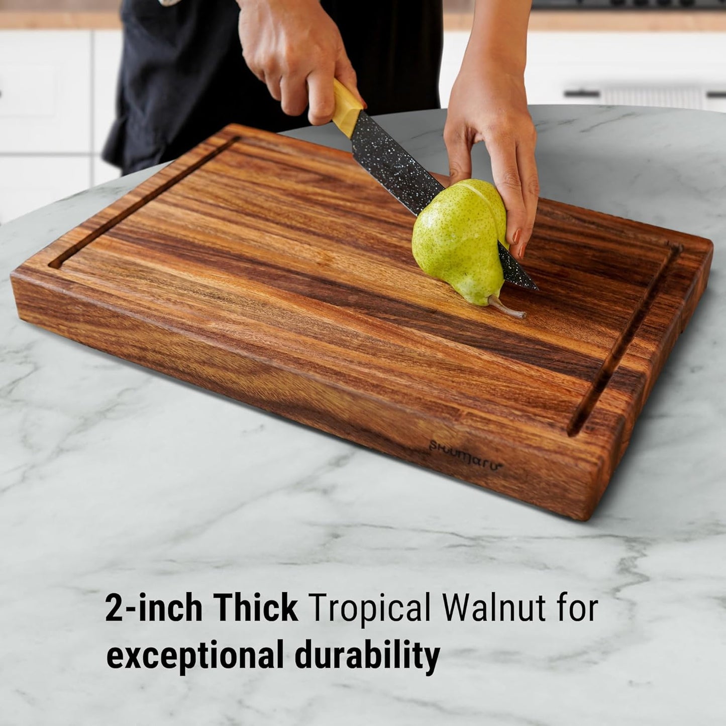 Tropical Walnut Butcher Block – 18.8" x 12.3" x 2" Cutting Board with Juice Groove, Non-Slip Feet & Handles.