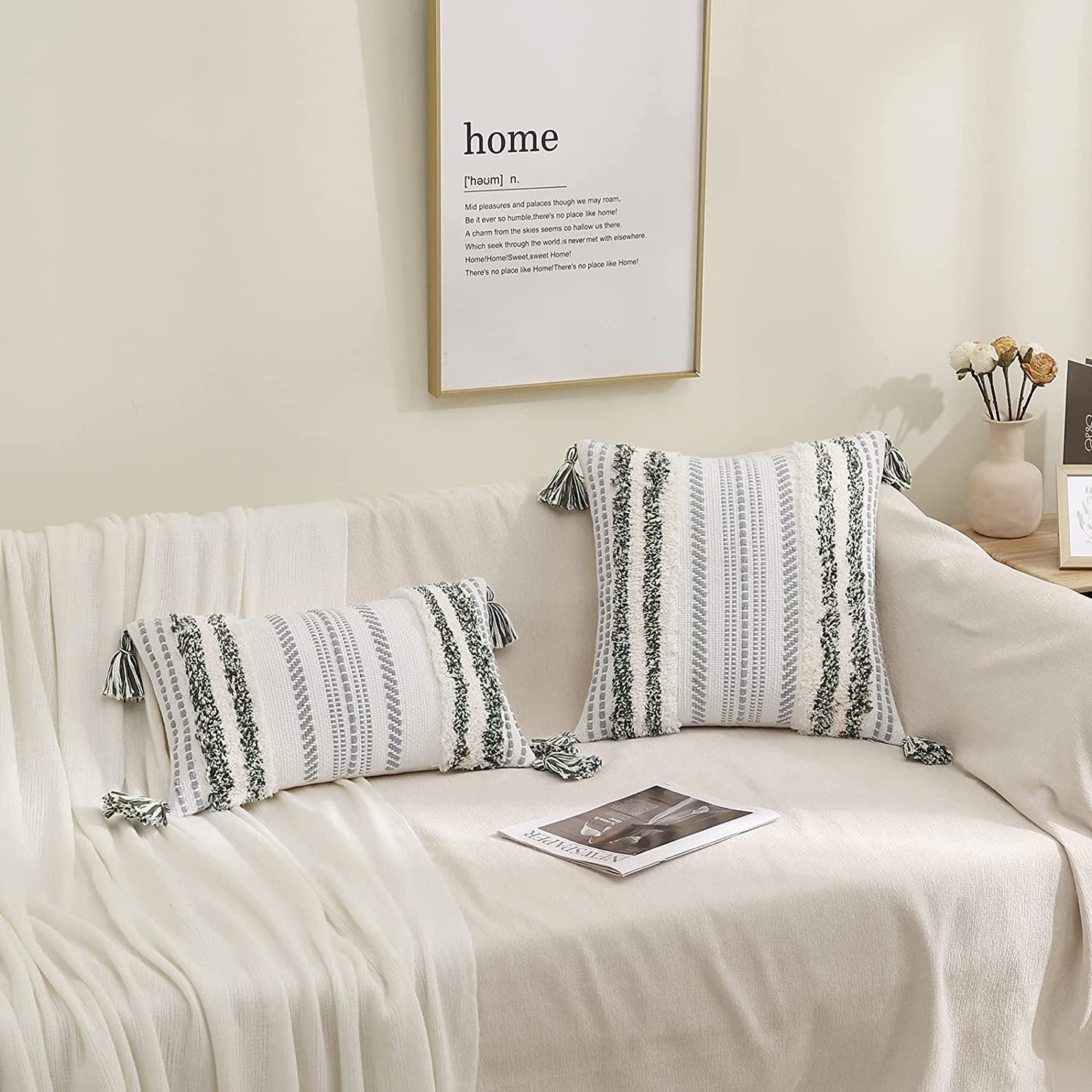 Boho Lumbar Pillow Cover 12x20 – Textured Tufted Striped Accent in Green & Cream, Decorative Cushion for Sofa, Bed, or Couch (1-Pack)