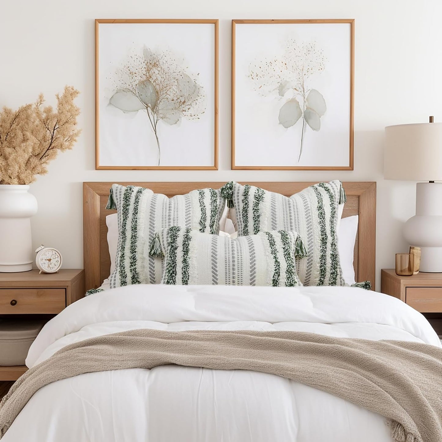 Boho Lumbar Pillow Cover 12x20 – Textured Tufted Striped Accent in Green & Cream, Decorative Cushion for Sofa, Bed, or Couch (1-Pack)