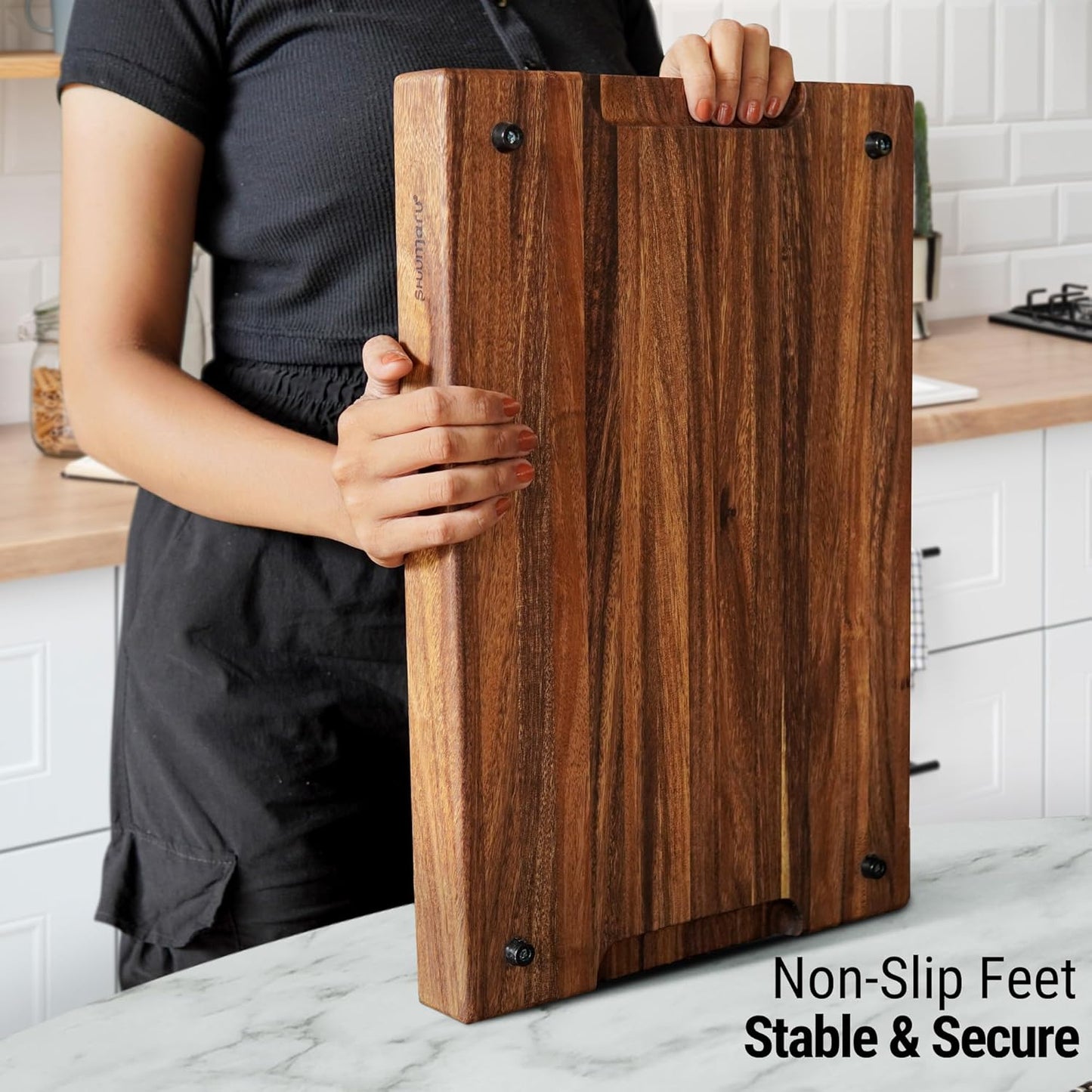 Tropical Walnut Butcher Block – 18.8" x 12.3" x 2" Cutting Board with Juice Groove, Non-Slip Feet & Handles.