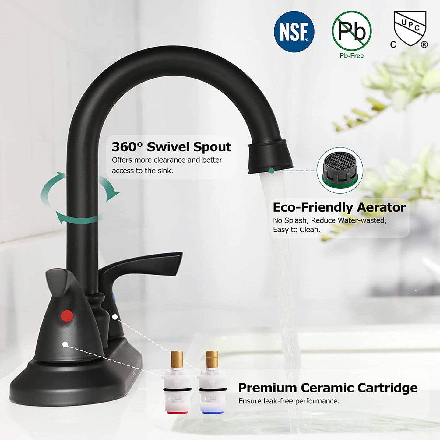 2-Handle Bathroom Faucet – Matte Black, w/ Drain & Supply Lines, NSF cUPC Certified