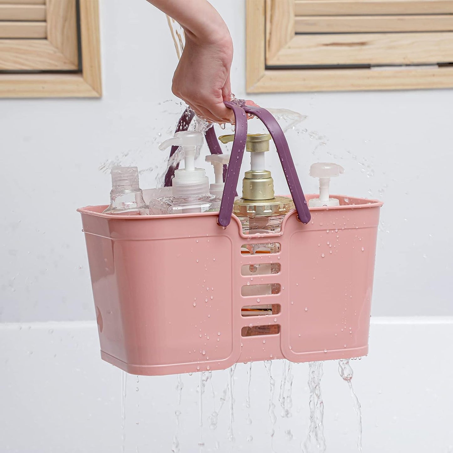 Plastic Storage Baskets with Handles, Storage Bin Shower Caddy Organizer for Bathroom and Kitchen, Pink