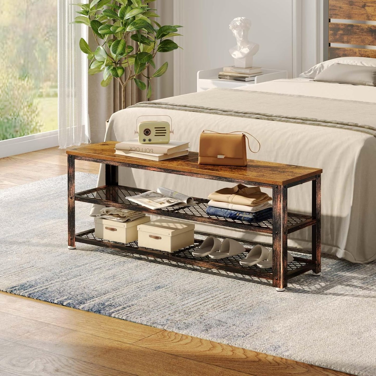 3-Tier Shoe Bench with Wood Seat – Rustic Entryway Storage Rack, 39.4", Steel Frame.