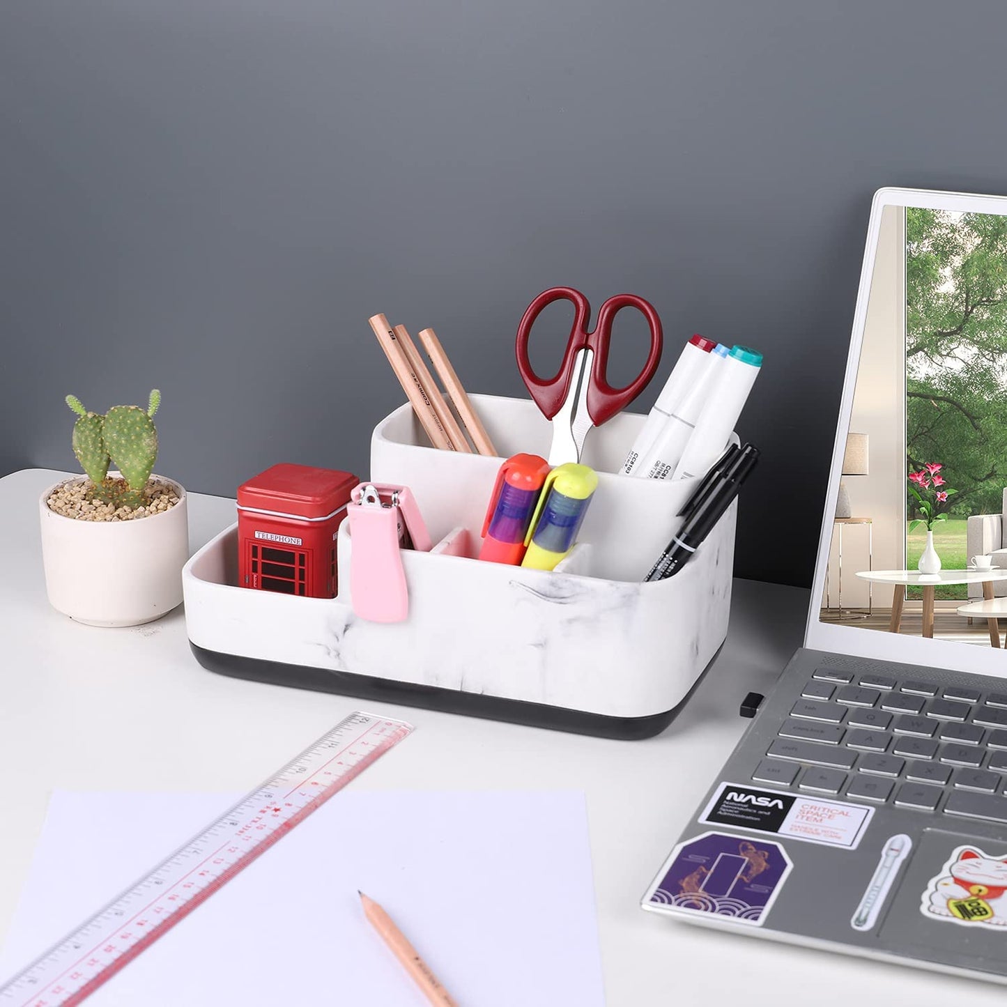 White Marble Toothbrush & Bathroom Organizer – Multi-Functional Countertop Storage.