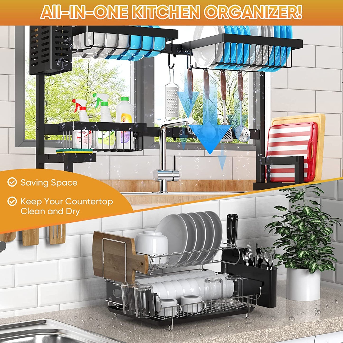 Adjustable Over-Sink Dish Drying Rack – 2-Tier Stainless Steel Kitchen Organizer (26"–38", Black)