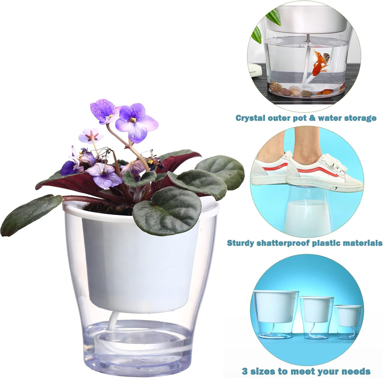3-Pack 7" Clear Self-Watering Planters – Wicking Pots for Indoor Plants, Herbs & African Violets (Clear/White)