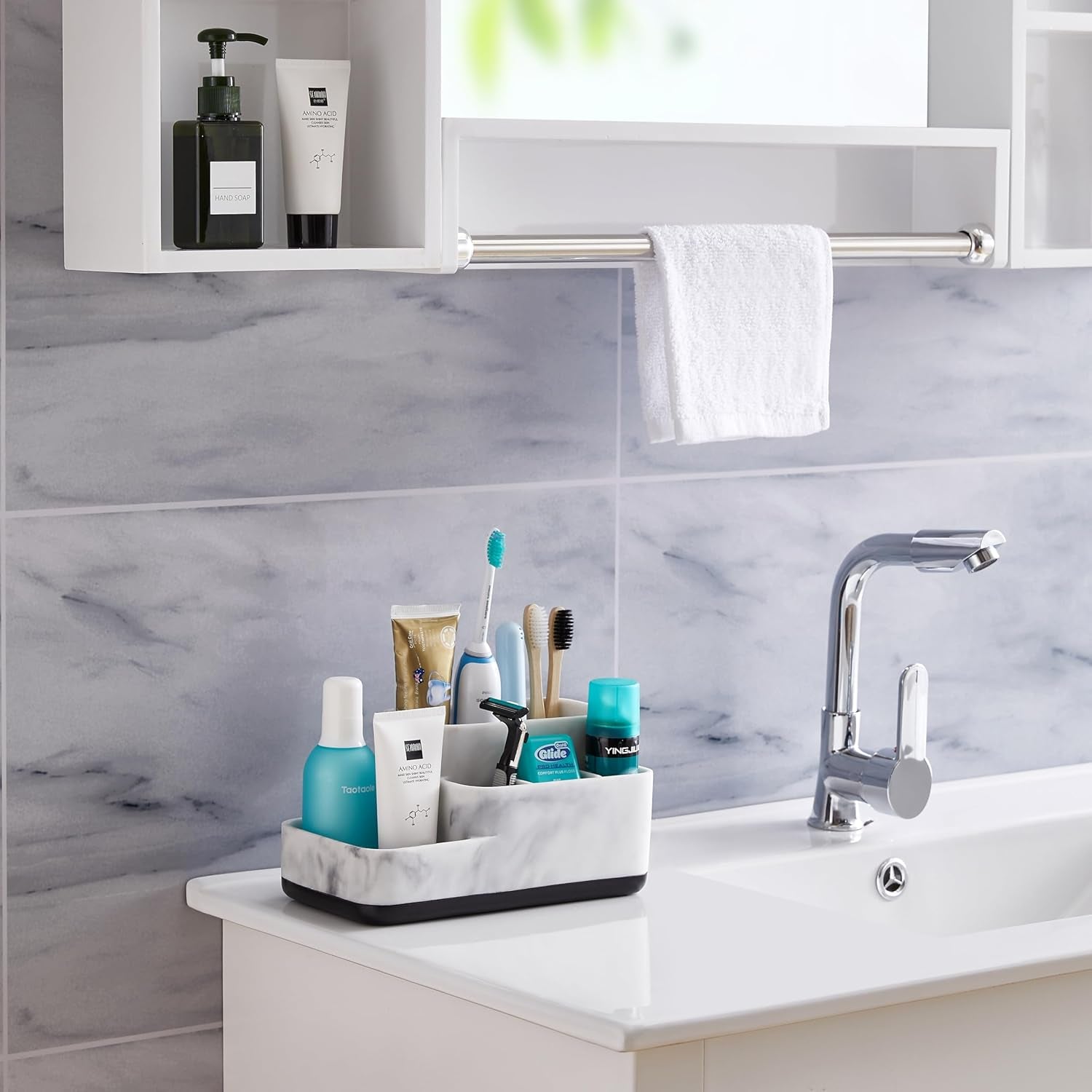 White Marble Toothbrush & Bathroom Organizer – Multi-Functional Countertop Storage.