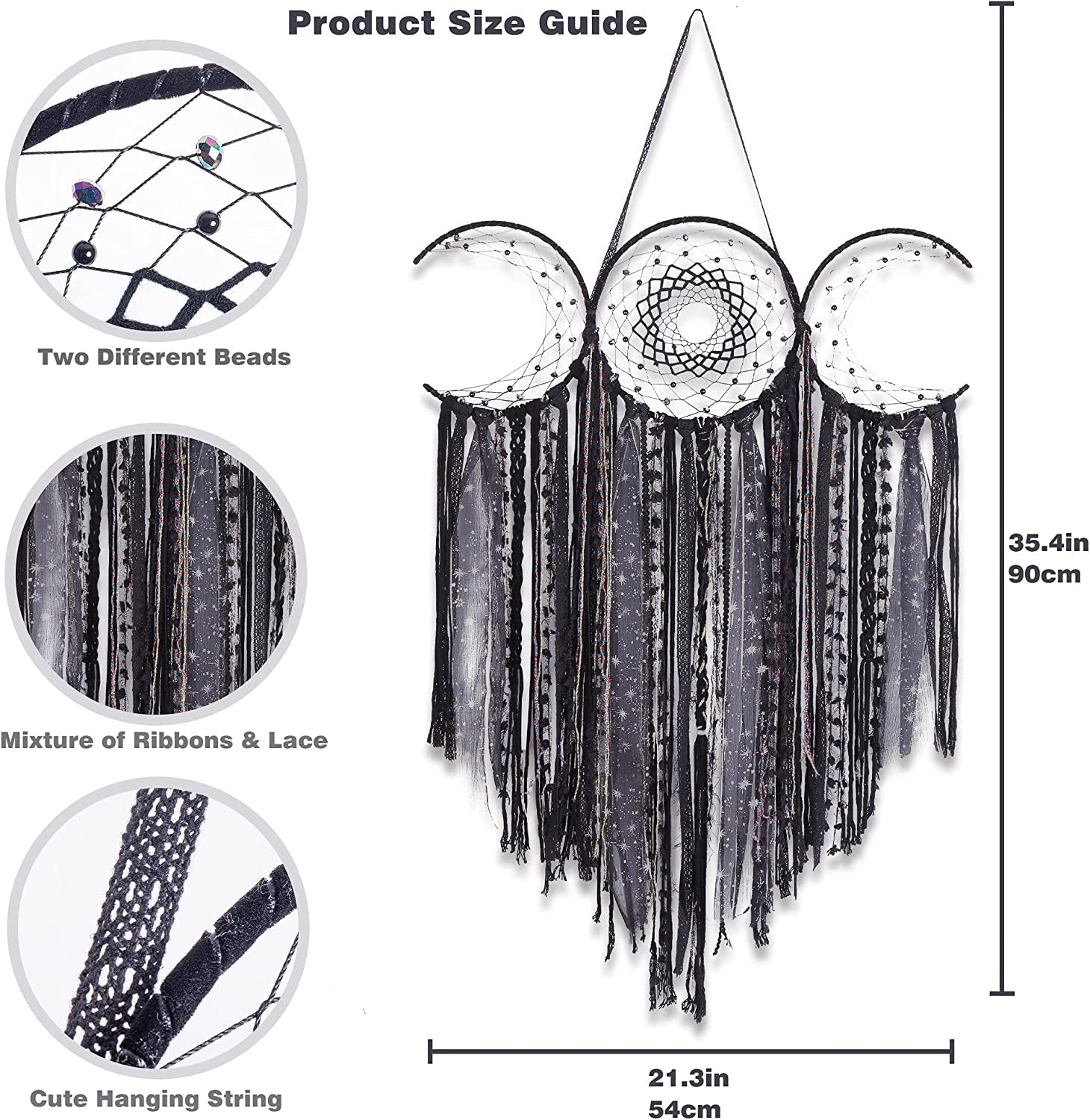 Triple Moon Goddess Macrame Wall Hanging – Wiccan Dreamcatcher Decor, Black.