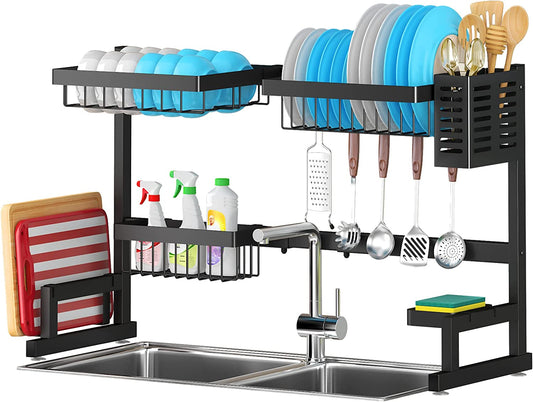 Adjustable Over-Sink Dish Drying Rack – 2-Tier Stainless Steel Kitchen Organizer (26"–38", Black)