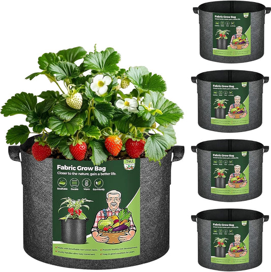 10-Gallon Fabric Grow Bags (5-Pack) – Heavy-Duty Nonwoven Planter Pots for Vegetables & Tomatoes, Black