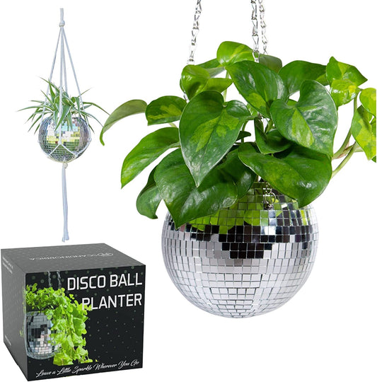 6" Silver Disco Ball Planter – Includes Chain, Macrame Hanger, Stand & Self-Watering Insert