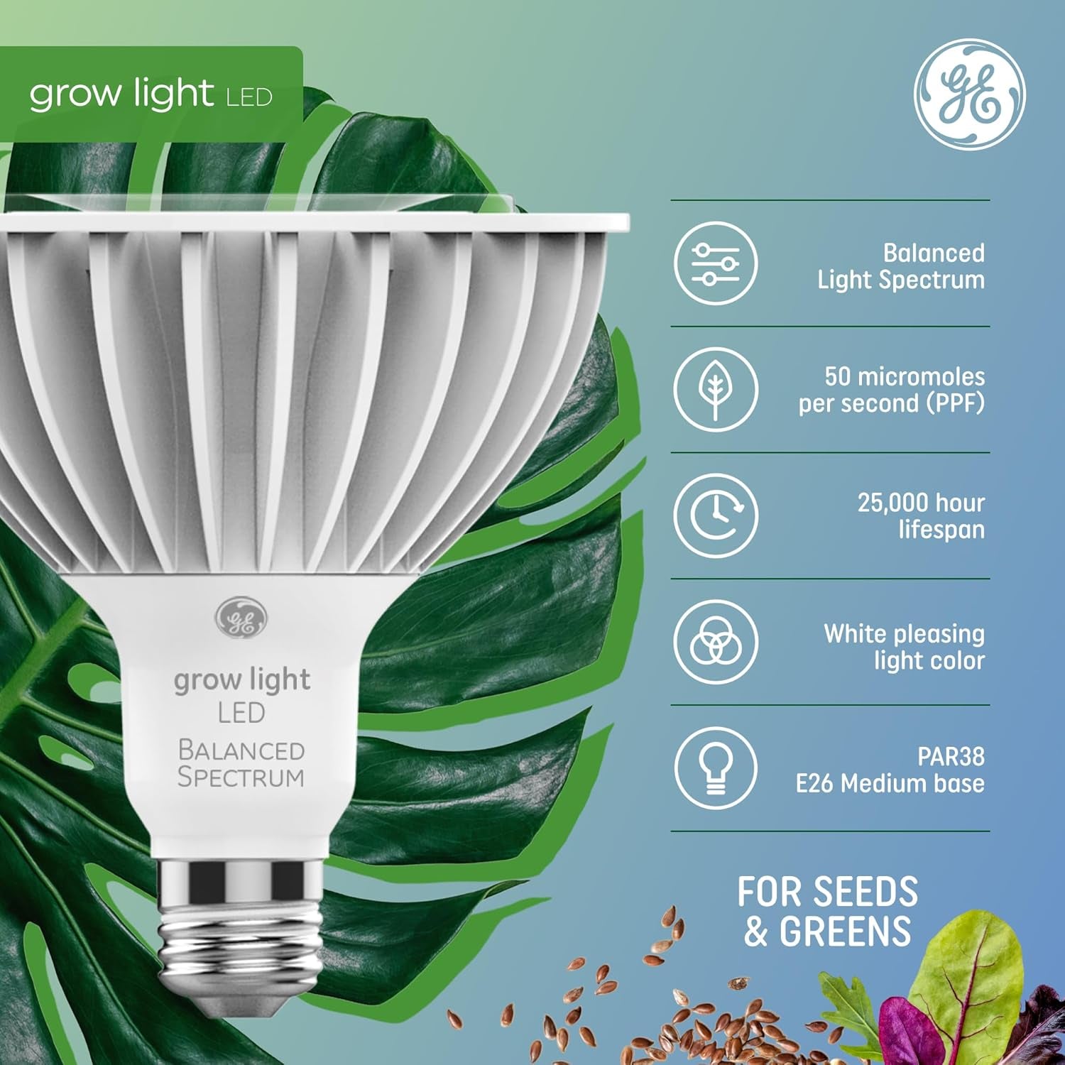 PAR38 LED Grow Light Bulb – Balanced Spectrum for Indoor Plants, 50 PPF, 25,000-Hour Lifespan (1-Pack)