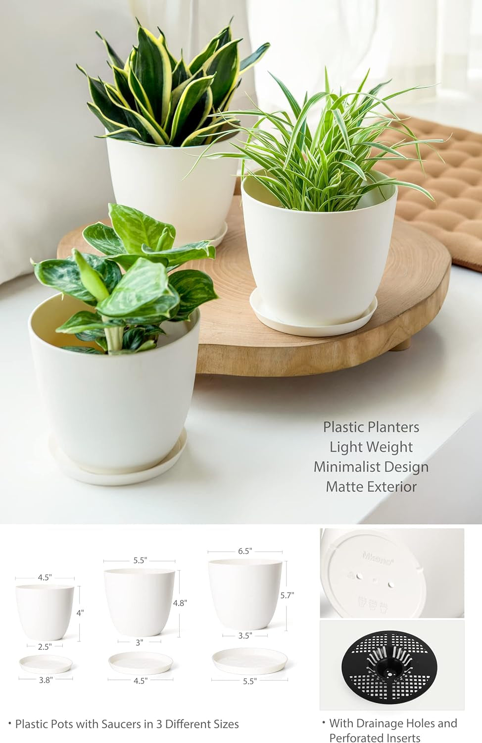3-Pack Macrame Plant Hangers with Pots – No-Tassel Ivory Set, 3 Sizes (23"/29"/35") with Saucers & Hooks, Indoor Hanging Planters