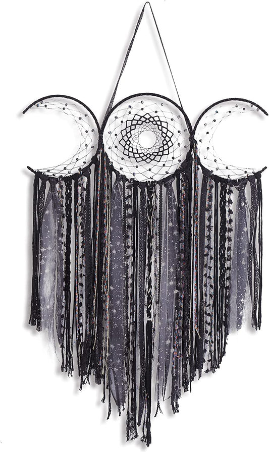 Triple Moon Goddess Macrame Wall Hanging – Wiccan Dreamcatcher Decor, Black.
