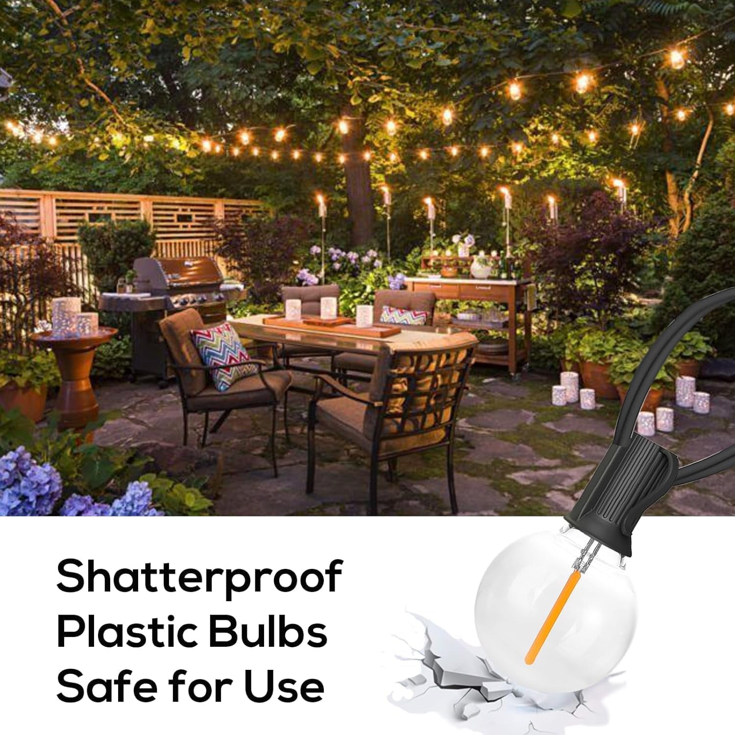 29FT Outdoor Globe String Lights – Waterproof, Shatterproof, 15 Dimmable Bulbs with E12 Base for Patio & Backyard