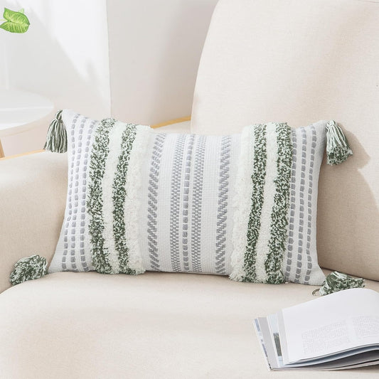 Boho Lumbar Pillow Cover 12x20 – Textured Tufted Striped Accent in Green & Cream, Decorative Cushion for Sofa, Bed, or Couch (1-Pack)