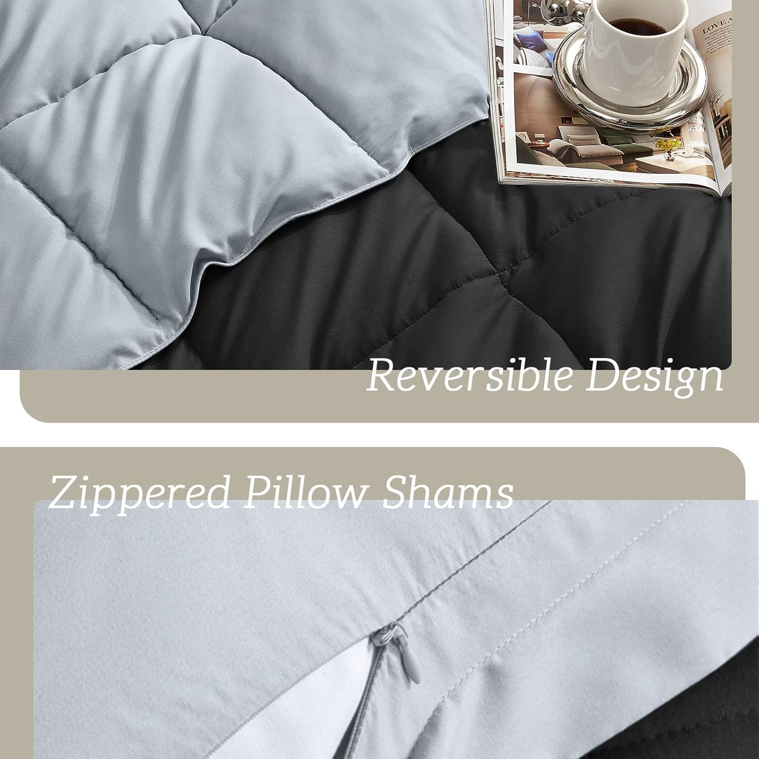 King Size Reversible Comforter Set – 3-Piece Black & Light Grey All-Season Bedding with 2 Shams
