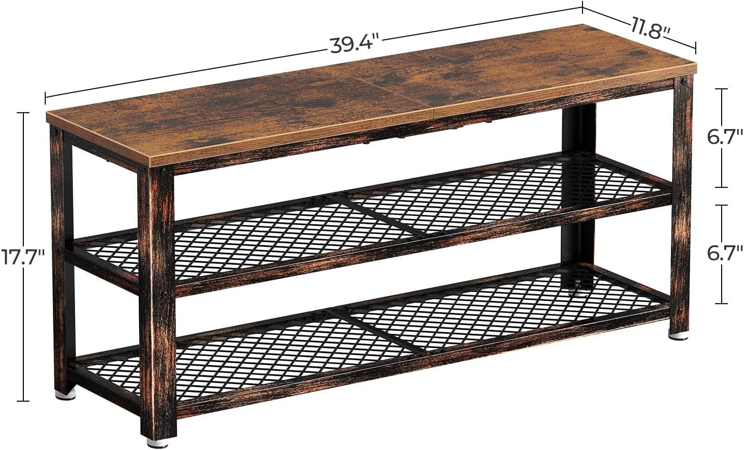 3-Tier Shoe Bench with Wood Seat – Rustic Entryway Storage Rack, 39.4", Steel Frame.