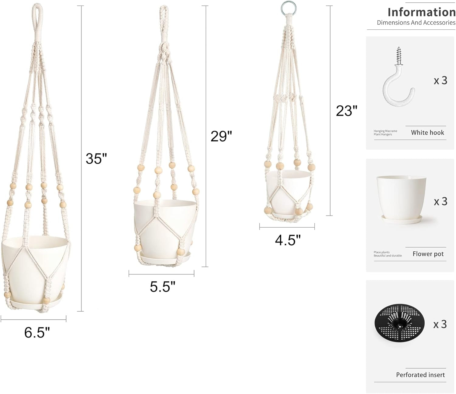 3-Pack Macrame Plant Hangers with Pots – No-Tassel Ivory Set, 3 Sizes (23"/29"/35") with Saucers & Hooks, Indoor Hanging Planters
